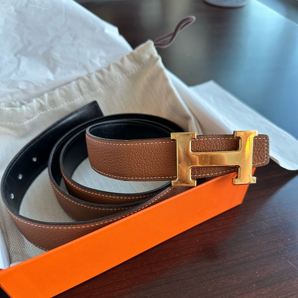 Hermes H Belt in Noir/Tan - Size 120